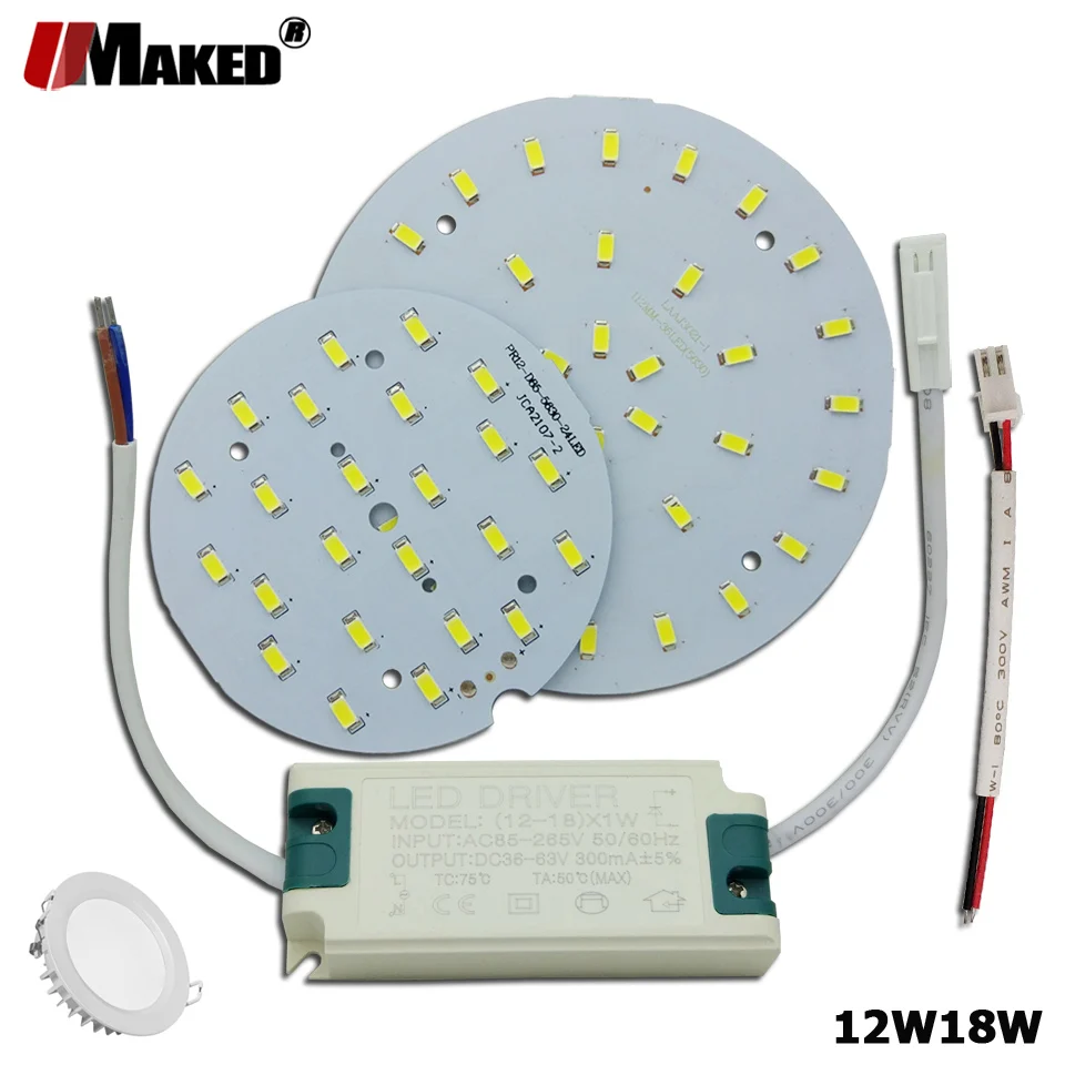 

1/5sets LED PCB+ Driver Kits 12W 18W LED Downlight Aluminum Heatsink SMD5730 110lm/W Round Light Source For Panel Ceiling Lamps