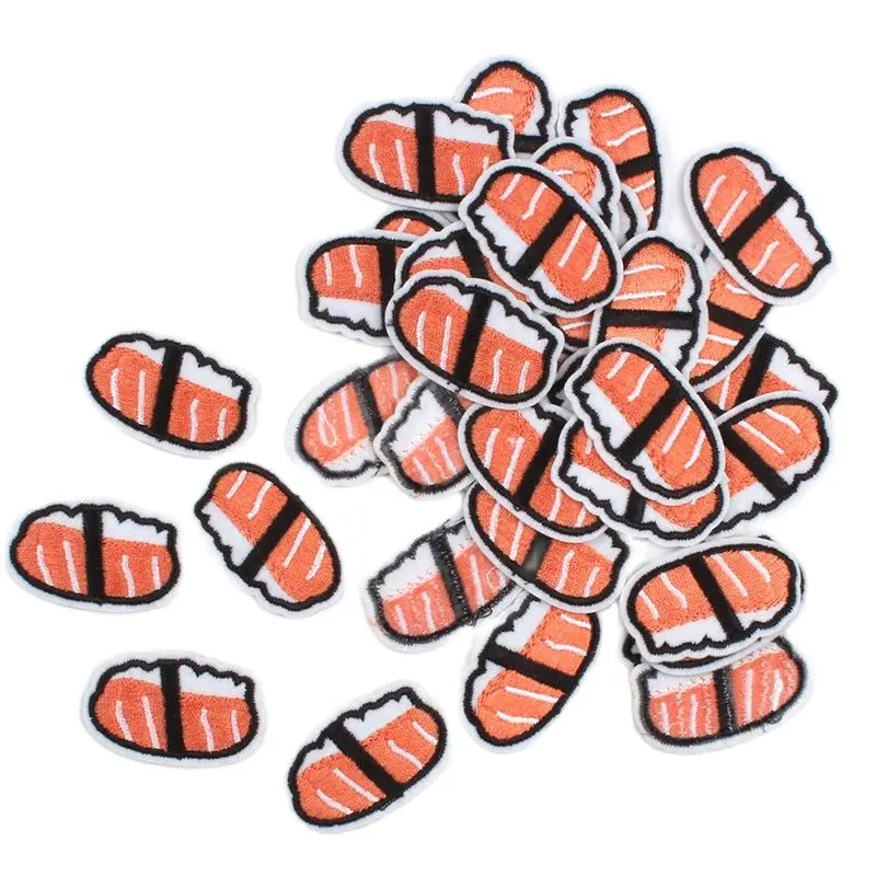 10pcs Cute Mini Sushi Patches Cartoon Foods Appliques Garments Stickers Iron On Embroidery Fabric Appliques For Bags Caps Decors