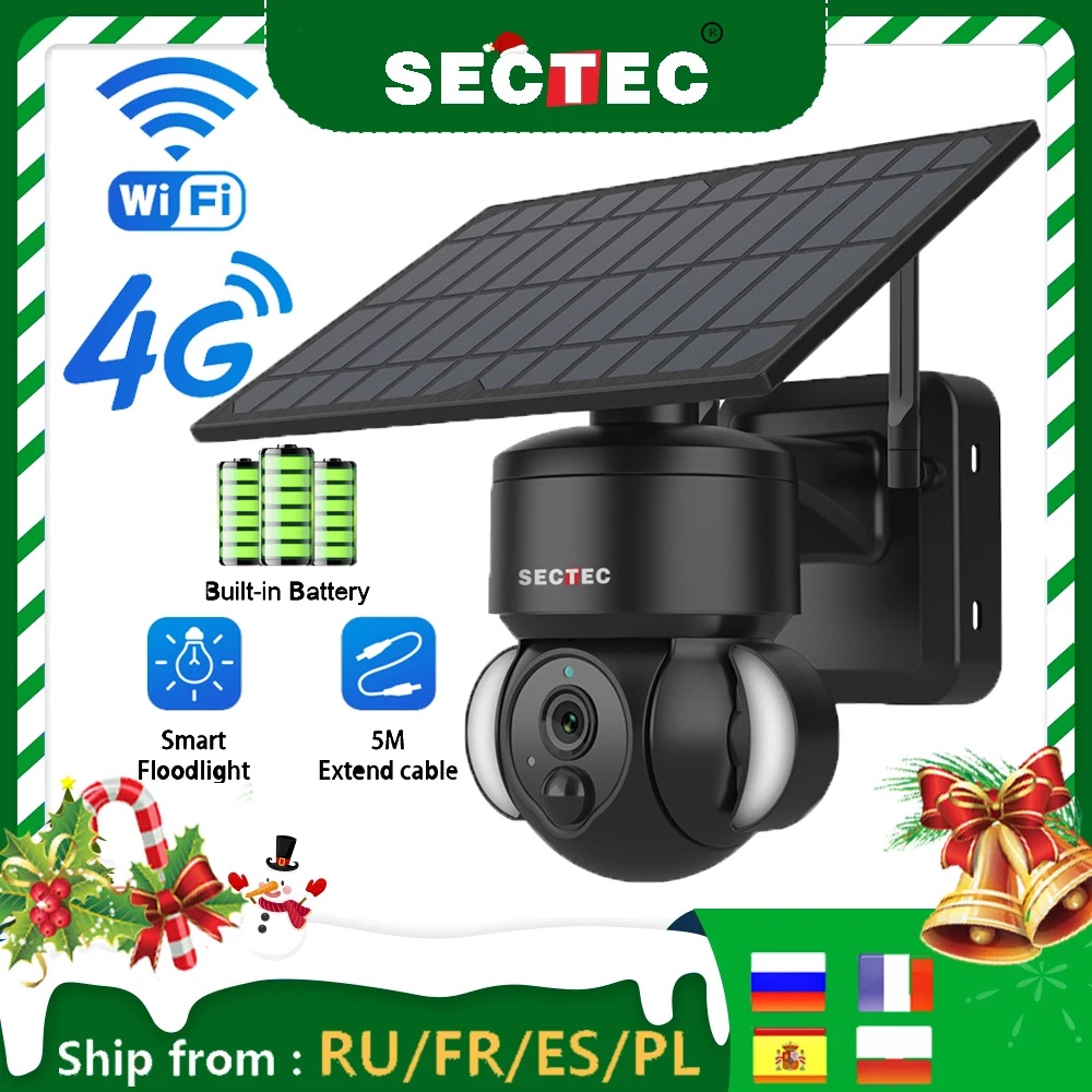 SECTEC Camera 4G SIM/Wifi Outdoor Wireless Cctv Cloud H265 Solar Power Garden Lights Security Surveillance Battery Cam With Wifi