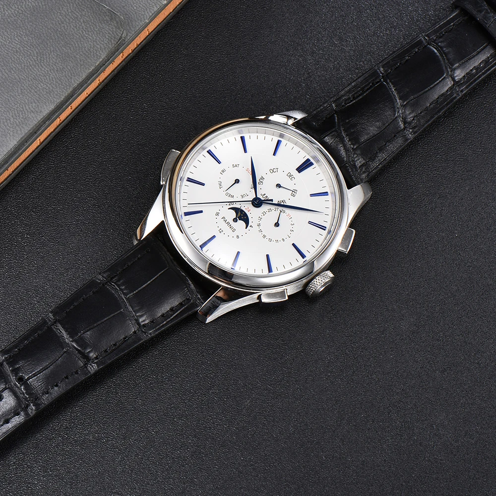 Fashion Parnis 45mm White Dial Men Watch Automatic Mechanical Blue Scale Calendar Leather Strap Mens Sports Watches reloj hombre