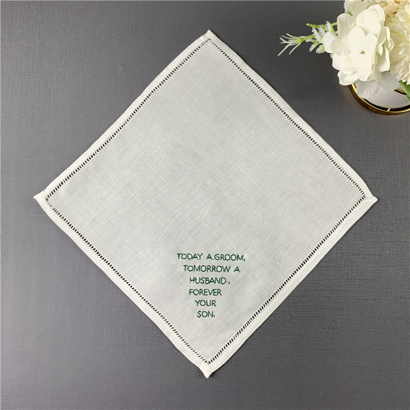 Juego de pañuelos de boda personalizados de moda, 10x10 pulgadas, hankie de dobladillo de lino para cualquier Ceremonia de boda o evento especial, 12