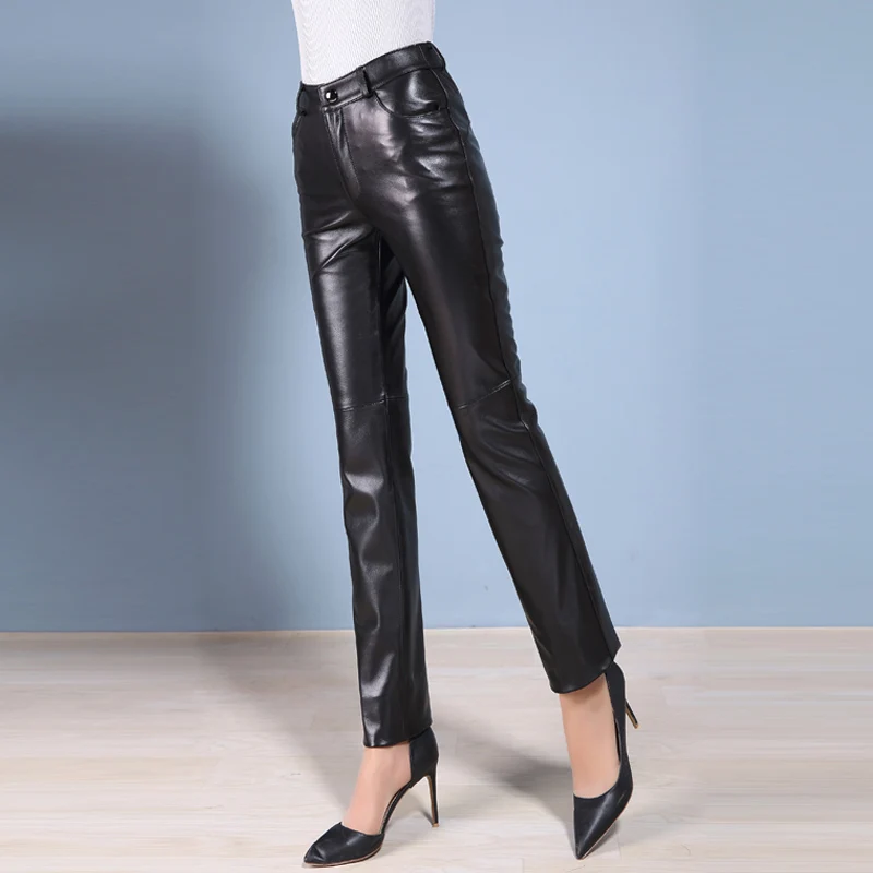 Women's Leather Pants, The First Layer Of Sheepskin Pants, OL Genuine Straight Pants, Thick with Fleece, Black, Spring, Autumn