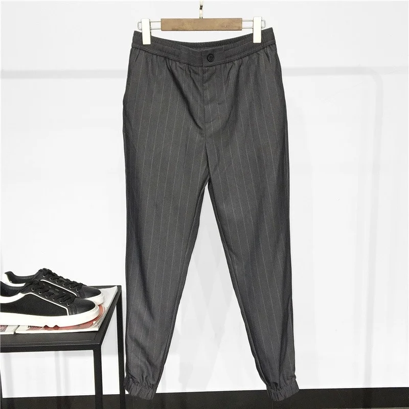 Pantalon de survêtement droit gris foncé pour hommes, décontracté, taille élastique, rayé, léger, à la mode, printemps, été