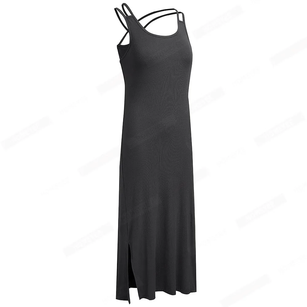 Estate donna moda tinta unita Cami abiti Casual vacanza dritto Maxi abito lungo con tasche EB656