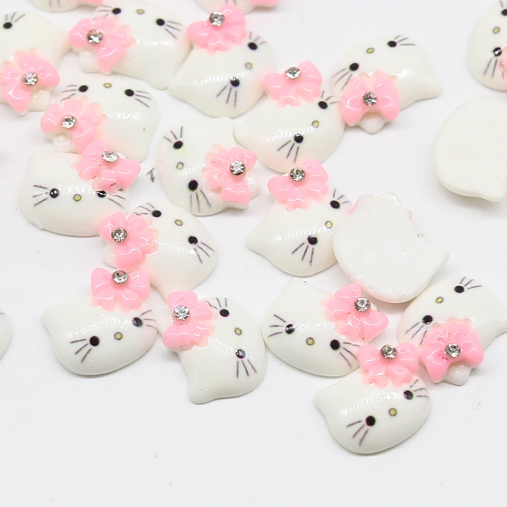 250pcs Lovely Pink Kitty w/ Rhinestone Bow Kawaii Resin Cabochons 15mm  Phone Decor, Hair Clips, Embellishment, DIY