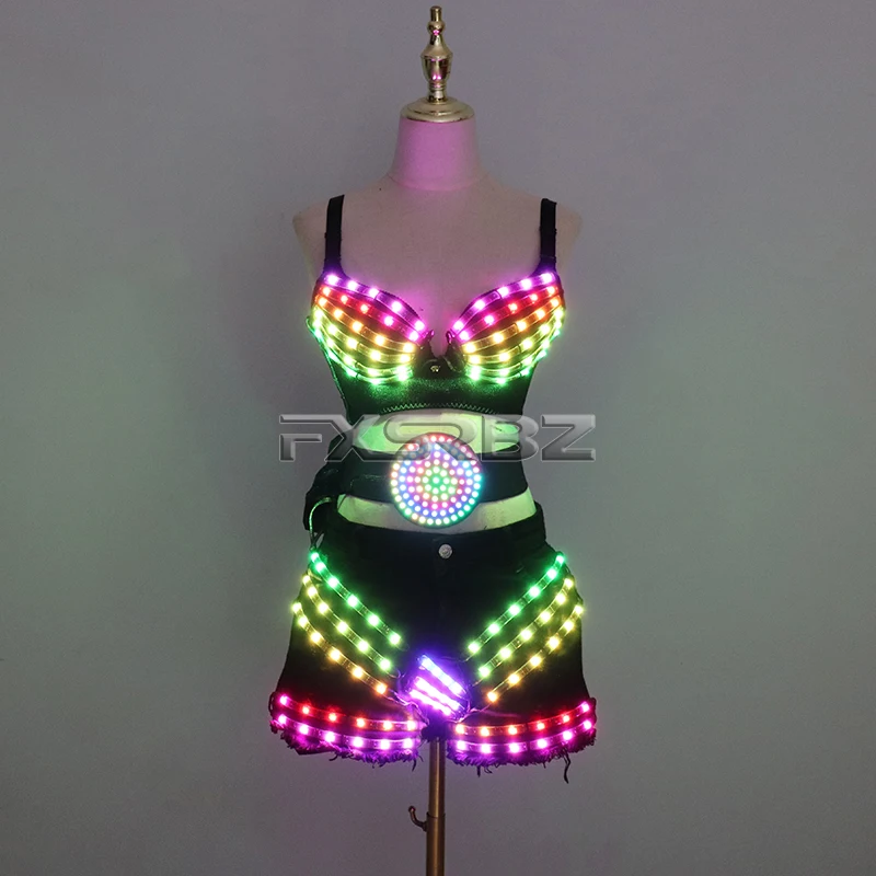New LED Costume Light Up Bra Sexy Lady Party Dance Suits With Belt DJ Nightclub Bar Glowing Clothing Stage Show Tutu Skirt