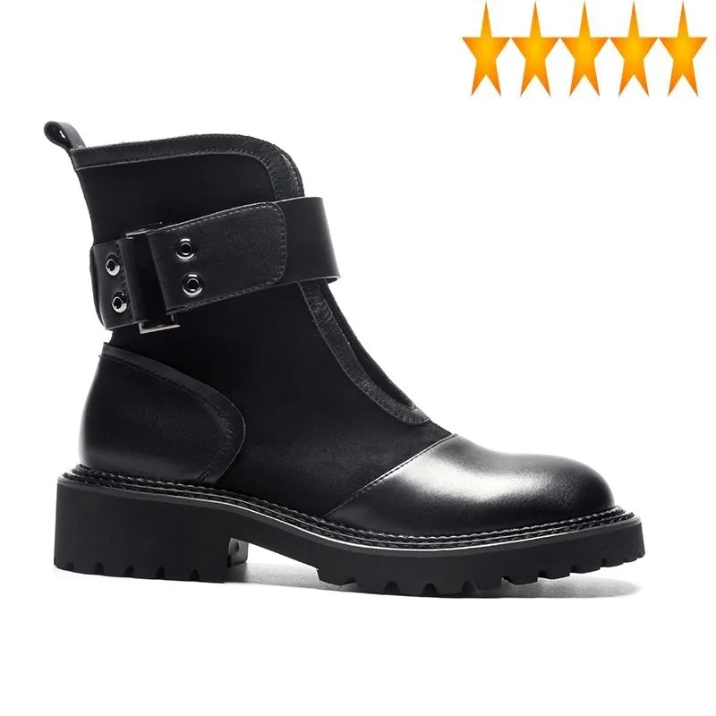 

Motorcycle Women Designer Punk Genuine Leather Hollow Out Flat Booties Autumn 2021 New Slip On Black Ankle Boots Shoes