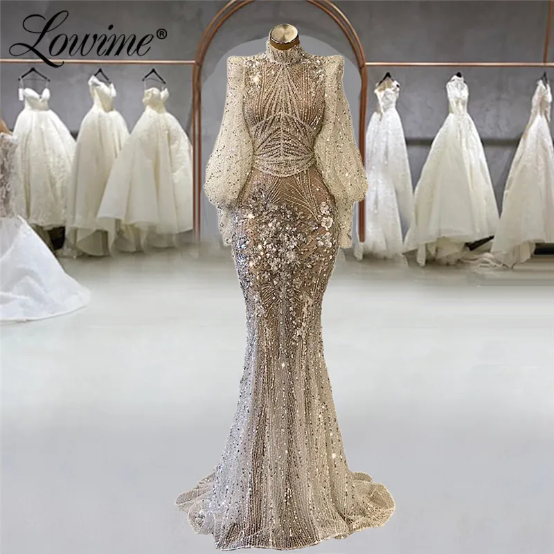 Dubai Design Puffy Sleeves Evening Gown 2021 Arabic Party Dress For Weddings Mermaid Sequins Handmade Prom Dress Abendkleider