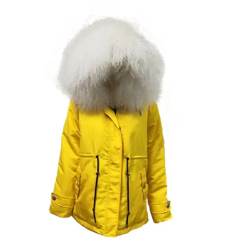 

Yellow Short Coat Real Lamb Fur Collar Excellent Parka For Men With Belt Waist Can Be Adjustable S-4XL