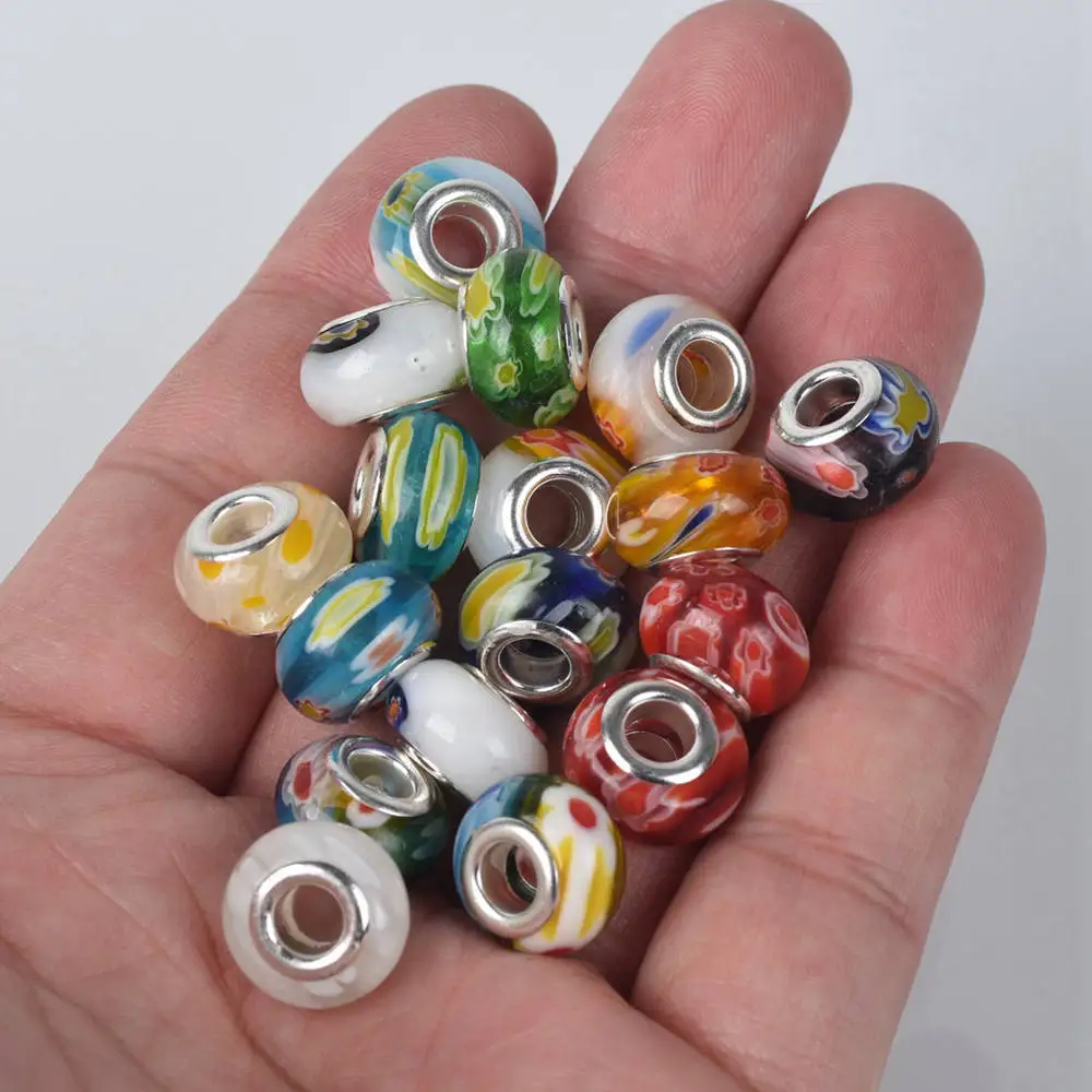 Random Mixed 14x9mm Round Millefiori Lampwork Glass Big Hole Beads for Jewelry Making European Charms Bracelet DIY 10pcs