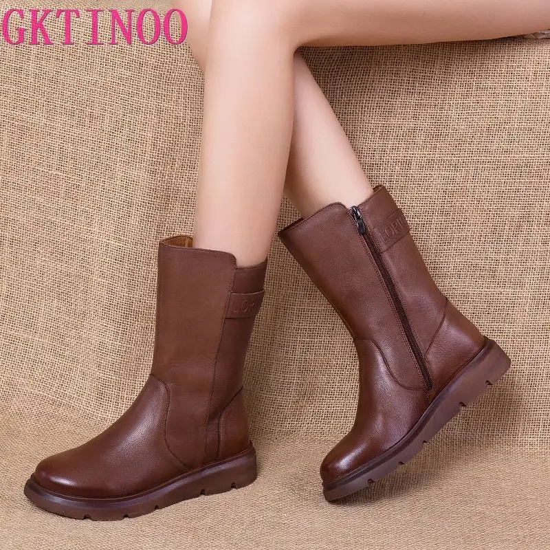 GKTINOO 2024 Women\'s Boots Winter Autumn Leather Retro Flat Boots Flat Shoes Genuine Leather Boots for Women Platform Boots