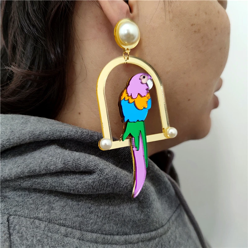 KUGUYS Long Parrot Dangle Earrings for Women Red Purple Big Drop Mirror Acrylic Imitation Pearl Exaggerated Fashion Bird Jewelry