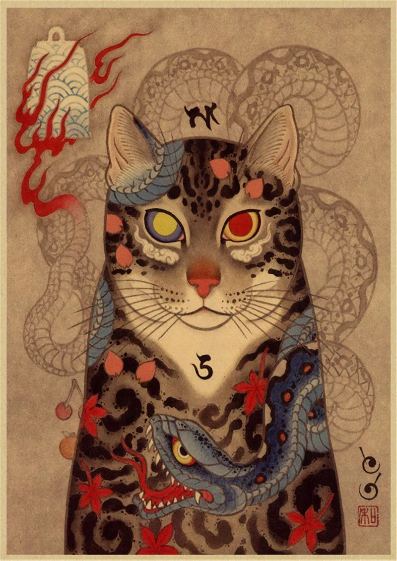 Póster de arte retro para decoración de sala de estar, arte de pared, carteles de pintura, tatuaje de gato samurái japonés, kraft, dormitorio