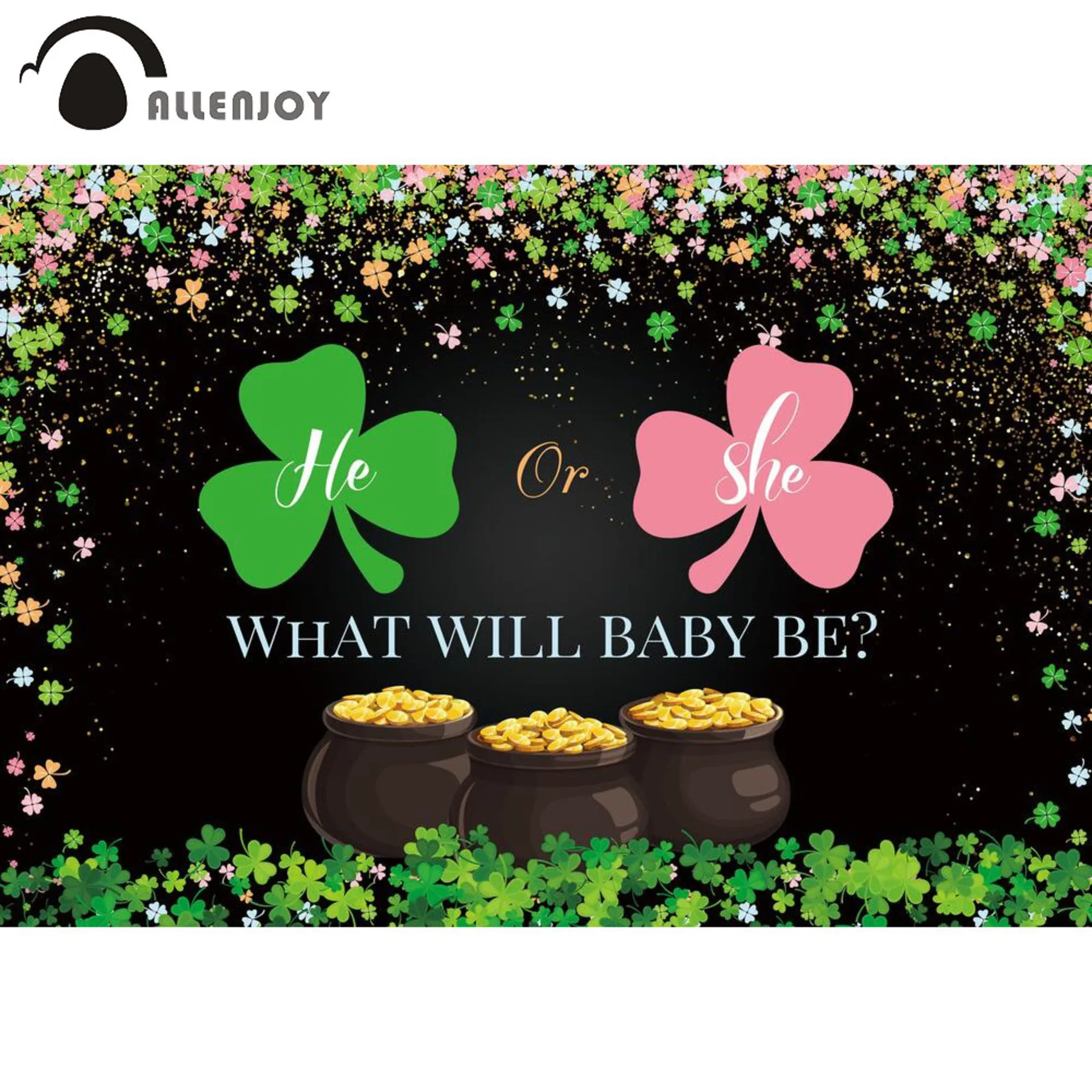 Allenjoy St.Patrick's Day Party Banners Clover Plant Grass Gender Reveal Backdrops Boy Girl Kid Newborn Black Glitter Wall Decor