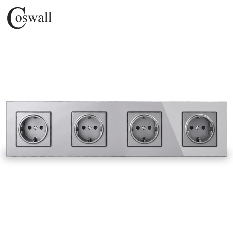 COSWALL Wall Tempered Glass Panel 4 Gang Socket Grounded EU Quadruple Outlet With Children Protection Door White Black Grey Gold