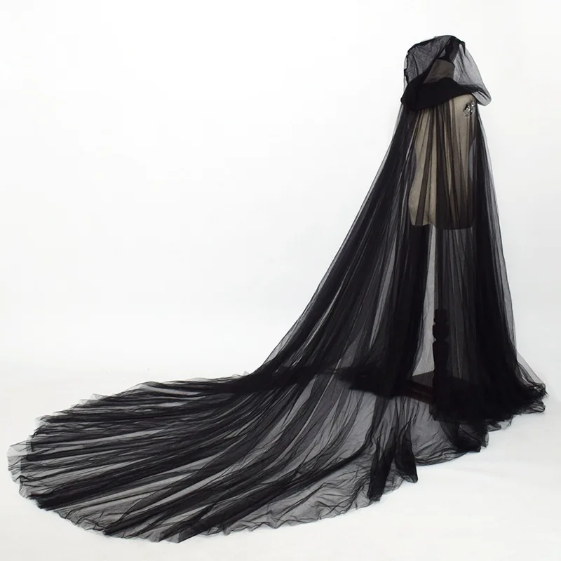 Halloween Costume for Women Hood Tulle Cape Cloak Black White Red Wedding Bridals Floor Length Soft Mesh Cloaks