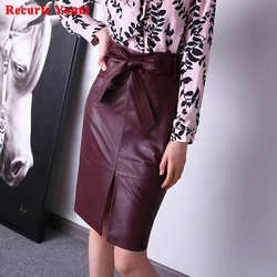 Women's Genuine Leather Skirt Female Autumn/Winter Wine Red/Purple Customer Size Bow Knot Belt Mid-Length Jupe Mujer Saia Midi