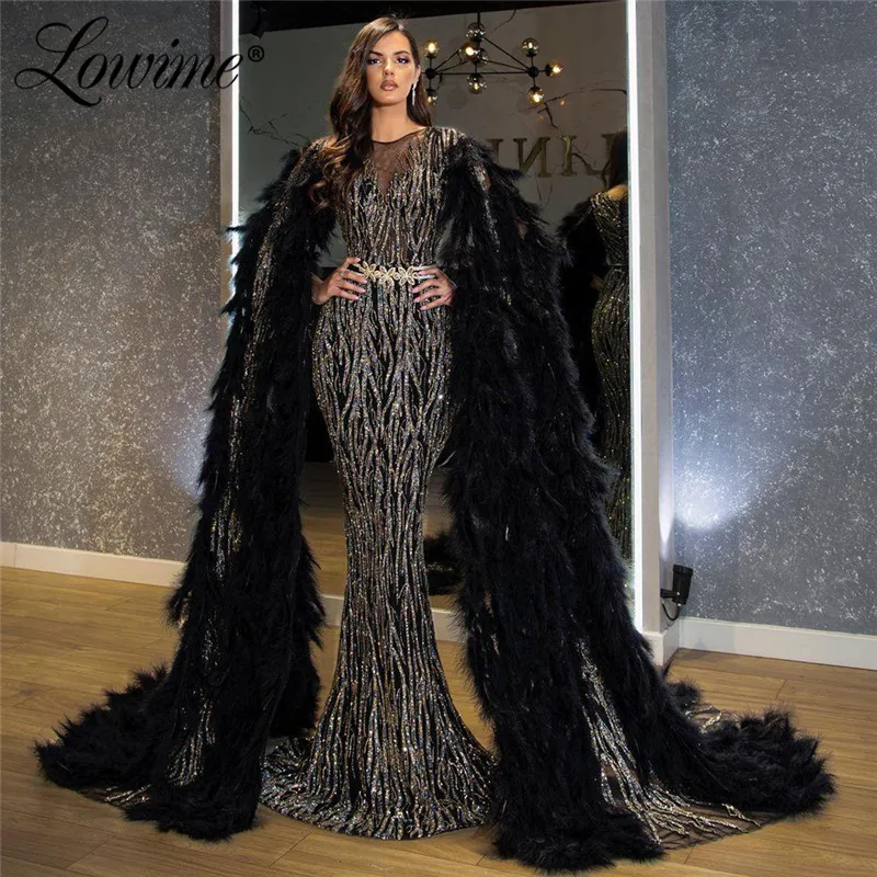 Dubai Black Luxury Glitter Mermaid Evening Gown 2021 O-Neck Cape Long puffy Sleeves For Women Formal Party Dress Prom Dresses