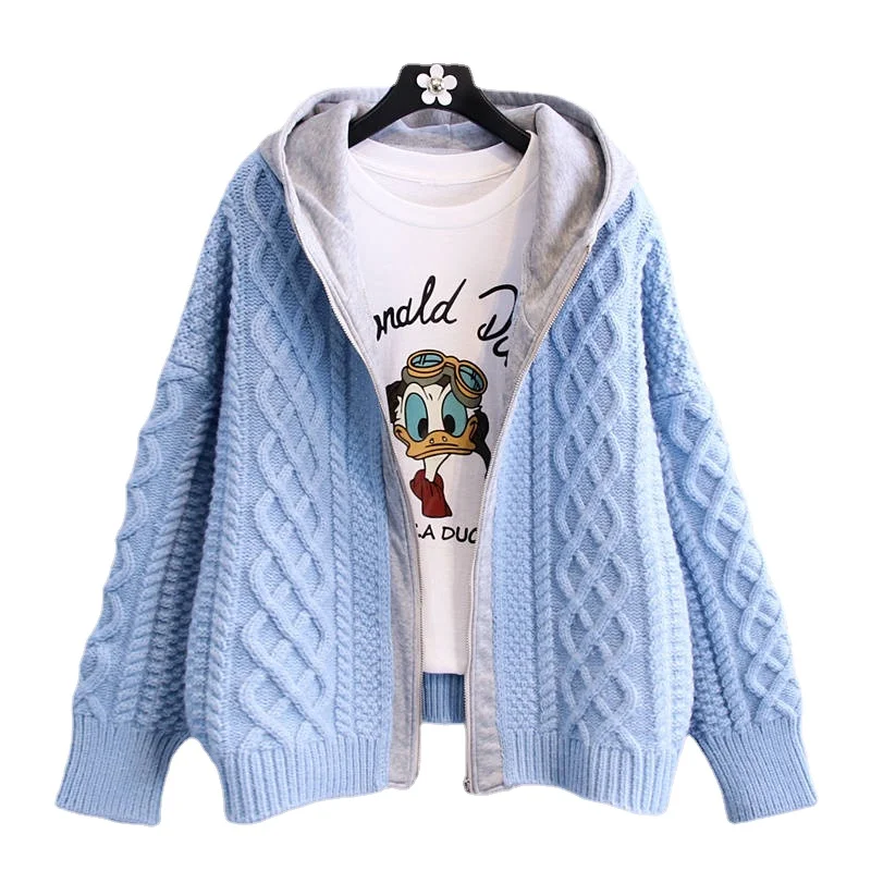 

Autumn Winter Women Loose Thicken Knitted Cardigan Coat Women Korean Fashion Stitching Casual Hooded Warm Sweater Jacket