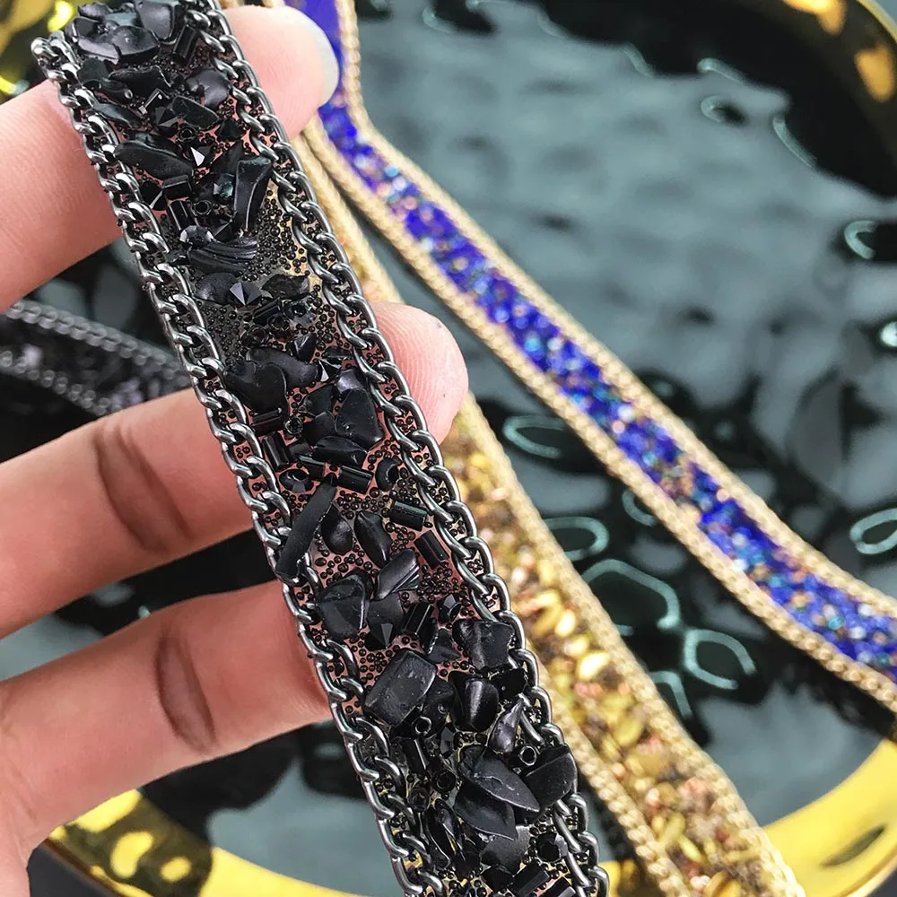 2yard black blue gold crystal rhinestone trimmed chain ribbon for dresses, bags, shoe accessories TZ131415