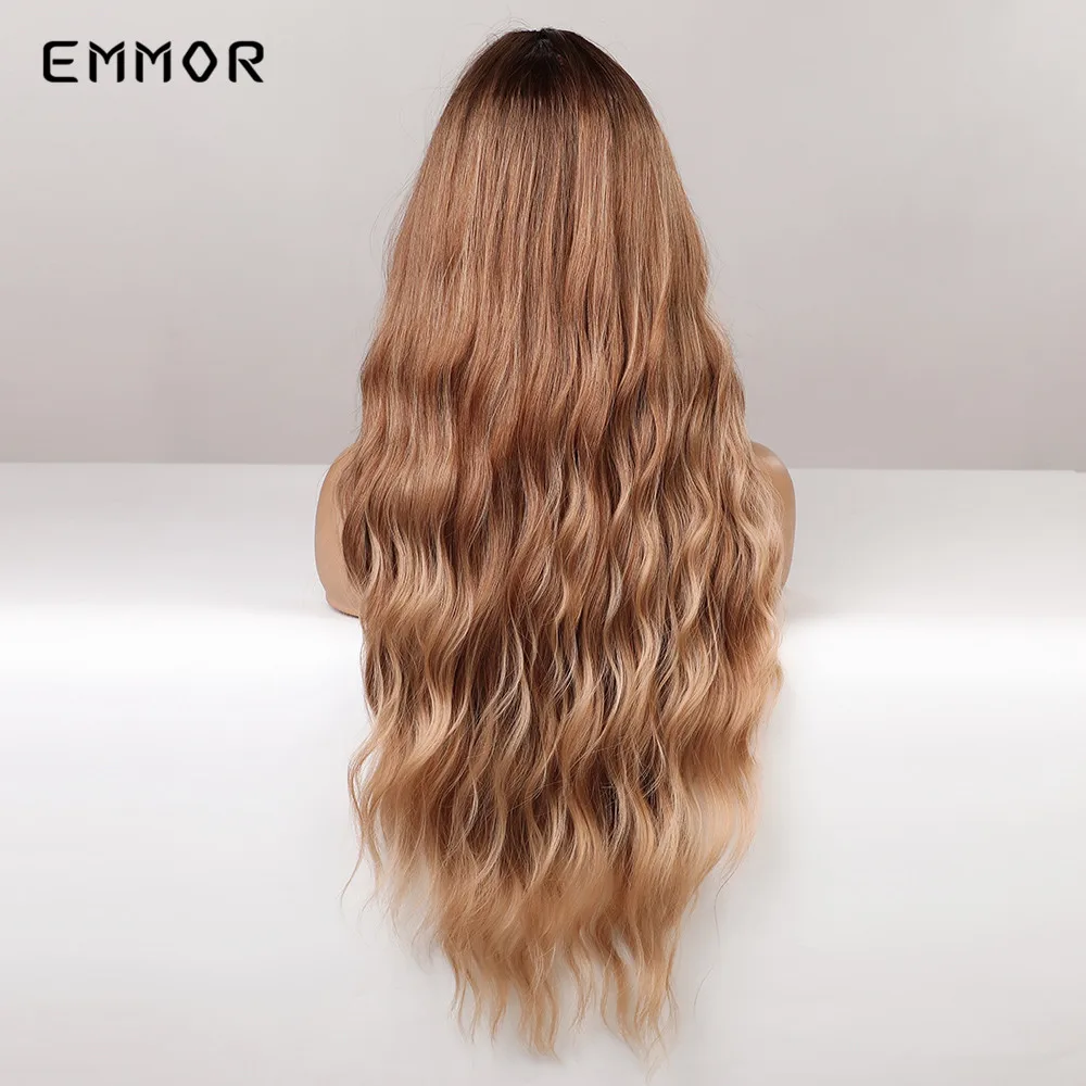 Emmor Long Body Wave Hair Wig Ombre Brown Blonde Synthetic Water Wavy Wigs With Bangs dla kobiet Naturalna peruka termoodporna