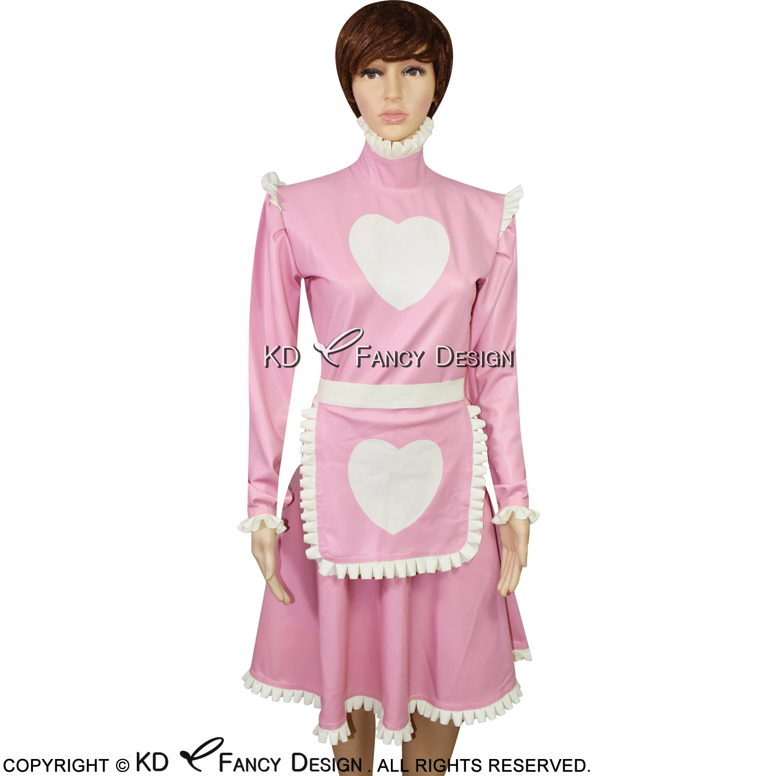 

Pink And White Sexy French Maid Latex Dress With Apron Heart Decoration Rubber Uniform Playsuit Bodycon LYQ-0064