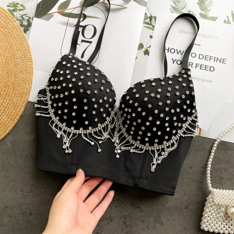 Diamond Studded Tassel Luxury Camisole Women Gathered Bras Underwear Fashion Cropped Tops Female Nightclub Party Vest Y1151