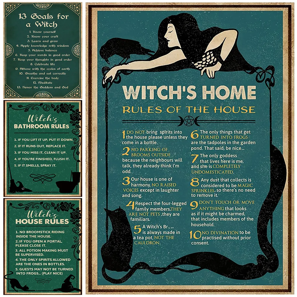 

Witch Rules Wall Art Canvas Painting Retro Green Witch House Rules Poster And Prints Witch Bathroom Rules Decoration Art Prins