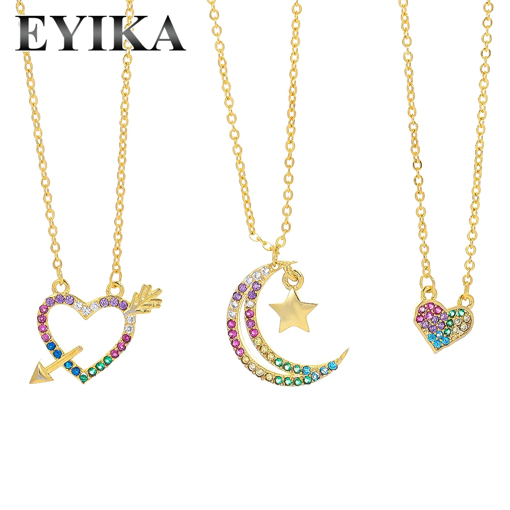 EYIKA Fashion Rainbow Moon Star Heart Horn Knife Pendant Necklace Mixcolor Zircon Clavicle Chain Women Jewelry Gold Silver Color