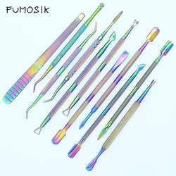 21 Style Rainbow Stainless Steel Nail Cuticle Pusher Tweezer Nail Art Files UV Gel Polish Remove Manicure Care Groove Clean Tool