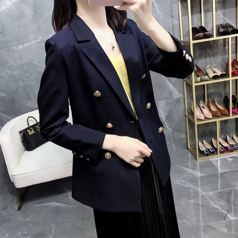 Blazer Desainer Fashion Baru Musim Semi Blazer Panjang Wanita Kancing Metal Berkancing Dua Baris Lengan Panjang Pakaian Luar Ukuran Plus 5XL