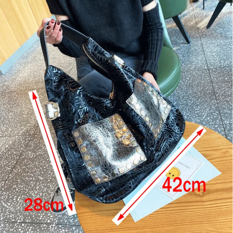 Big Pocket Leather Women Luxury Handbag 2024 Retro Rivet It Shoulder Bag High-end Brand Golden Color Sequins Durable Travel BagS