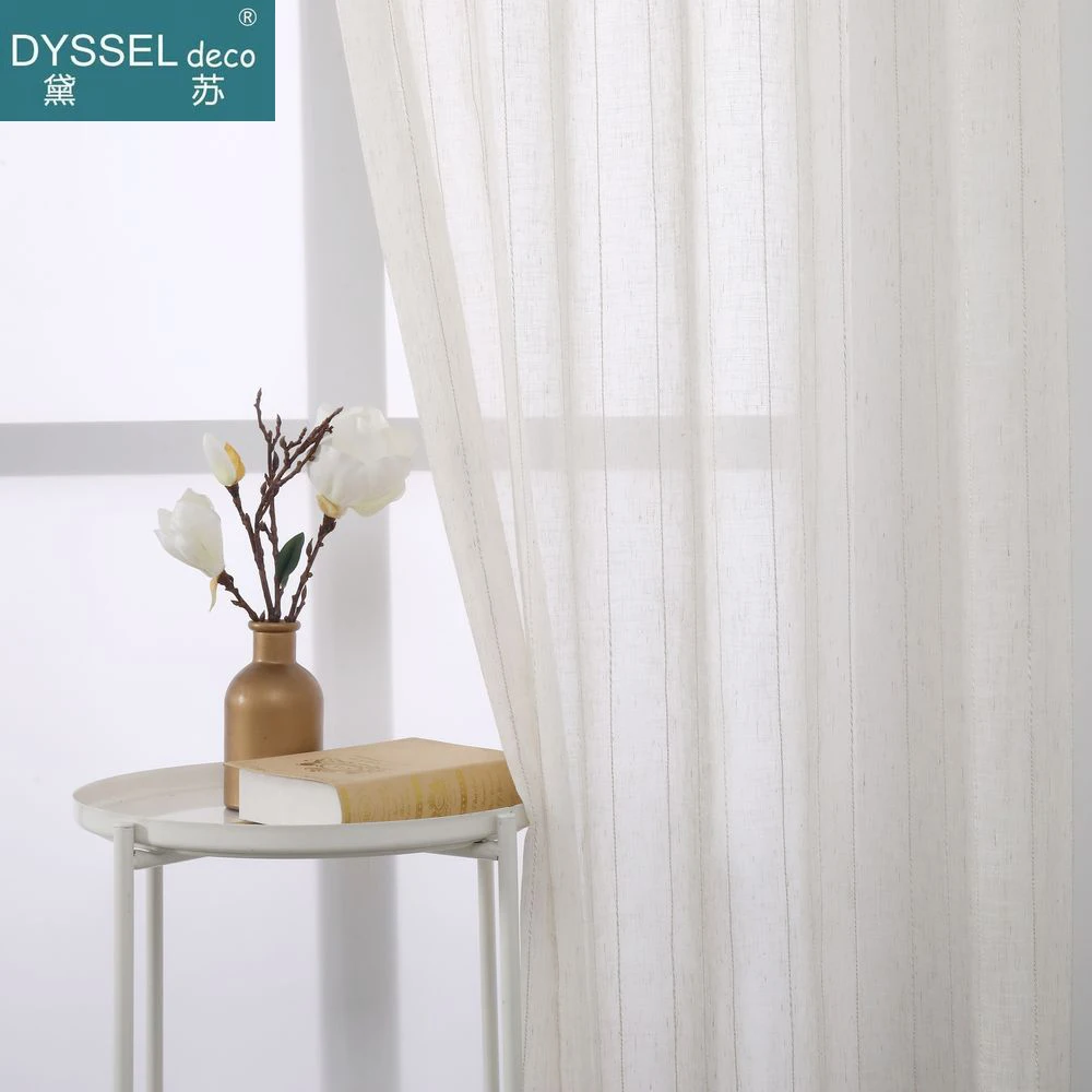 Elegant Natural Linen Stripe Slub Tulle Voile Sheer Windows Curtains Grommet Rod Pockt for Livingroom Bedroom Kitchen