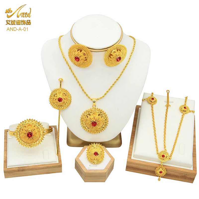 Arabic Gold Jewelry Sets For Women Ethiopian Eritrean Bride Dubai Gold Color African Indian Ethnic Wedding Necklace With Stone