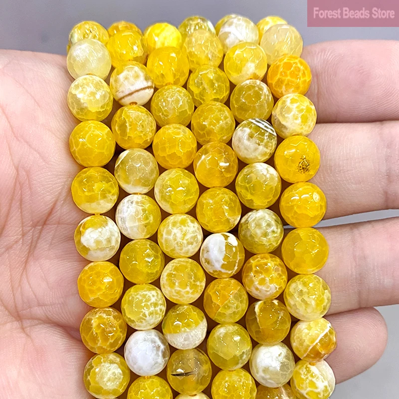 8mm Natural Yellow Frost Cracked Fire Dragon Veins Agates Round Loose Beads Diy Charms Bracelet for Jewelry Making 15'' Strand