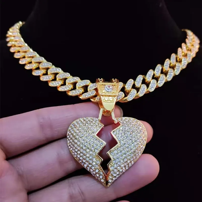 Men Hip Hop Chain Iced Out Bling Bling Heart Broke Pendant Necklace13mm Miami Cuban Chain HipHop Necklaces Fashion Charm Jewelry