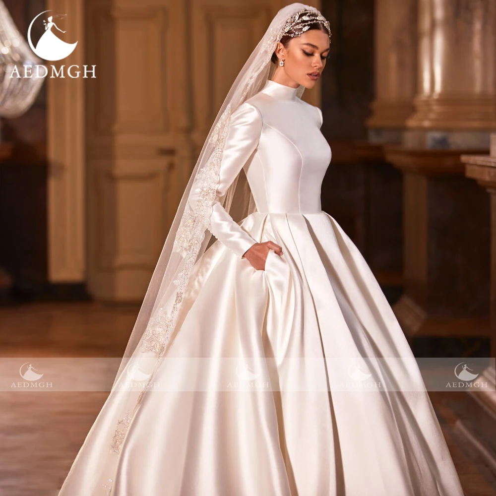 Aedmgh uma linha matte cetim vestidos de casamento 2022 alta pescoço manga longa robe de mariee elegante muçulmano simples chique vestido de novia