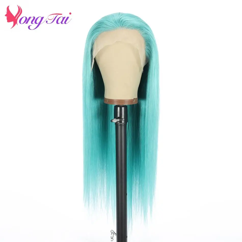 YuYongtai Brazilian Human Hair Wigs Green Cosplay Straight Wigs Lace Front Blue Highlight Colored Human Hair Wigs For Women Remy