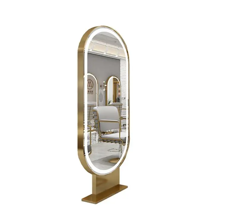 

express shipping hot selling newest gold stainless steel mirror styling station with LED light salon styling chair