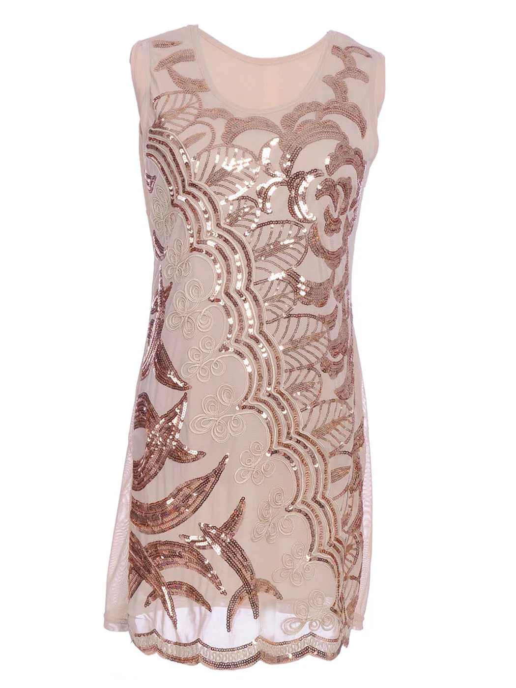 Womens Beige Art Deco Sequin Swirl Braided Scoop Neck Sleeveless Dress Summer Slim Mini Dress