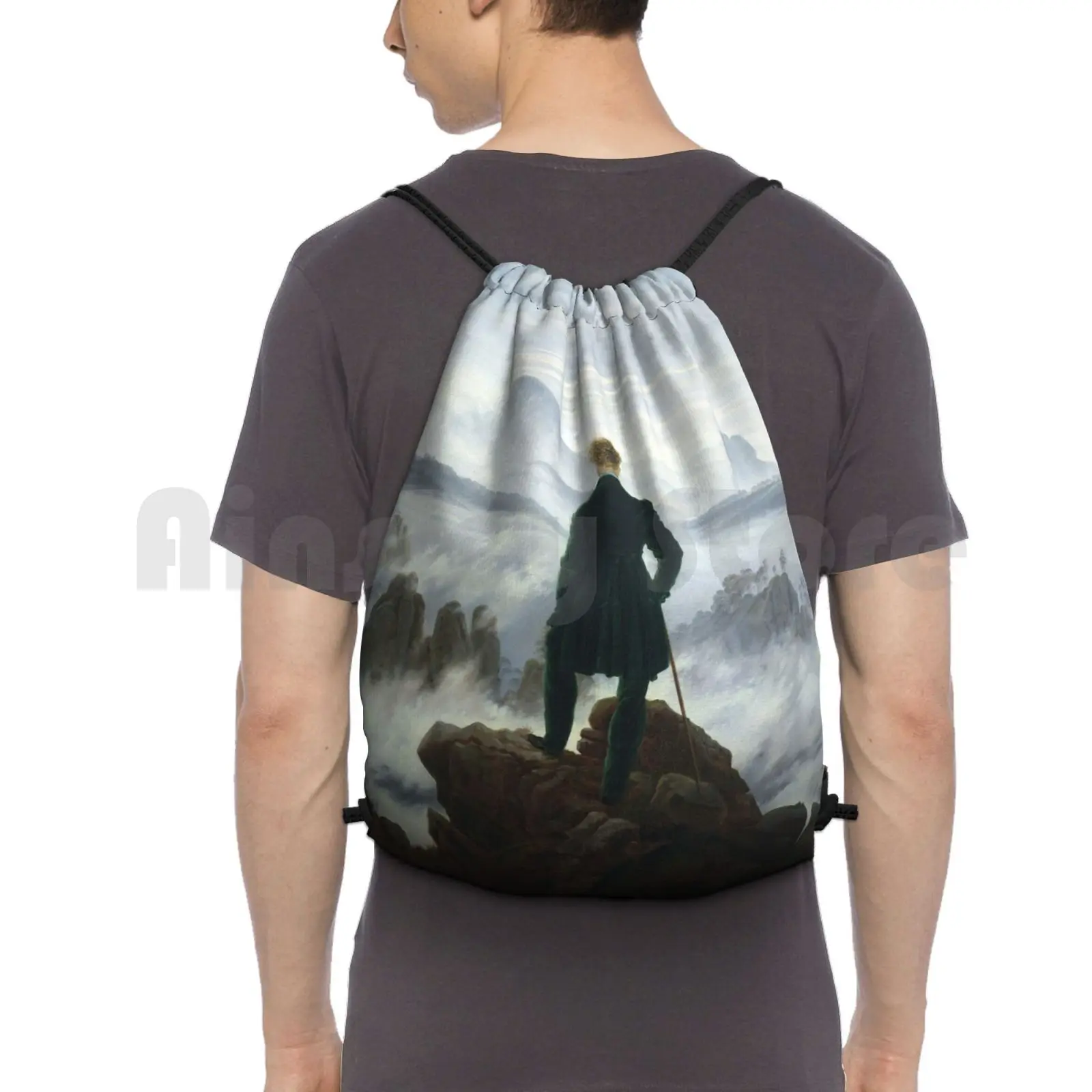 Caspar David Friedrich-The Wanderer Above The Sea Of Fog Backpack Drawstring Bag Riding Climbing Gym Bag Moon Ocean Tide