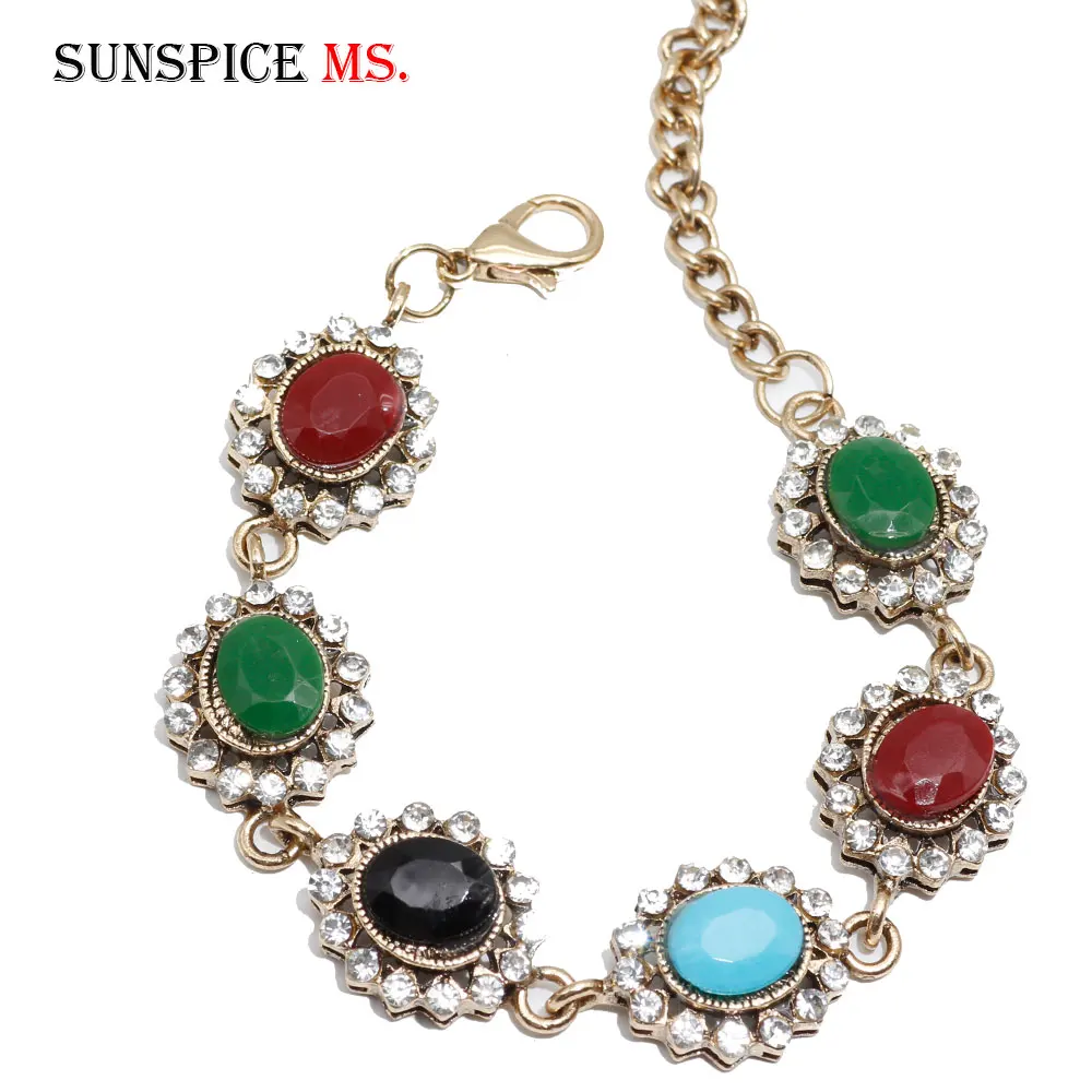 SUNSPICE MS Vintage Bracelet Turkish Women Resin Link Wrist Chains Antique Gold Color Nostalgic Rhinestones Jewelry Bohemia Gift