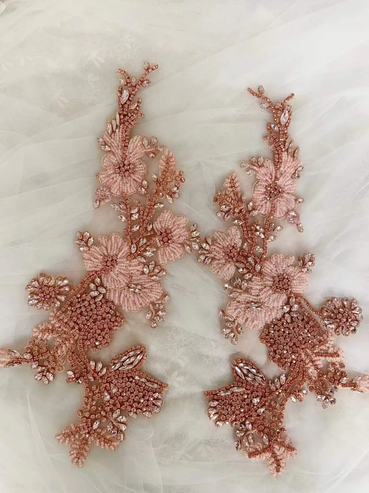 1 Pair Pink Floral Bodice Patch Fashion French Bead Rhinestone Applique for Couture,Wedding,Dress,Silver 3D Flower Dance Costume