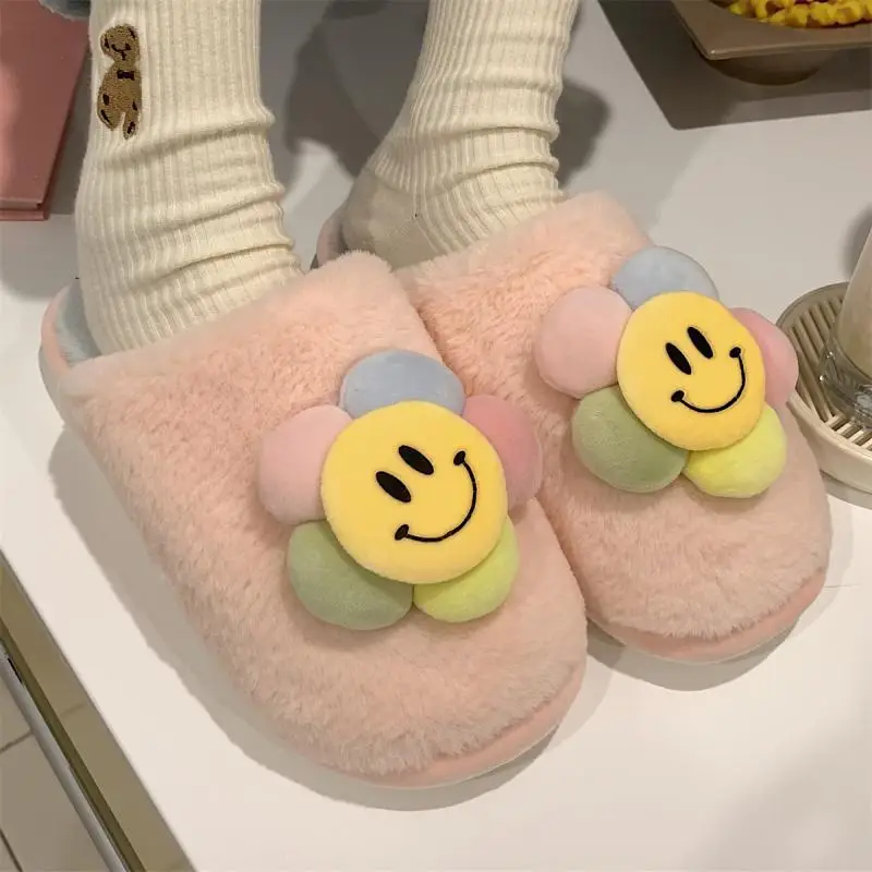 

Winter smile slippers Warm Women Fur Furry Slippers for Home Fluffy Soft Indoor Slides Bedroom shoes plush indoor slippers