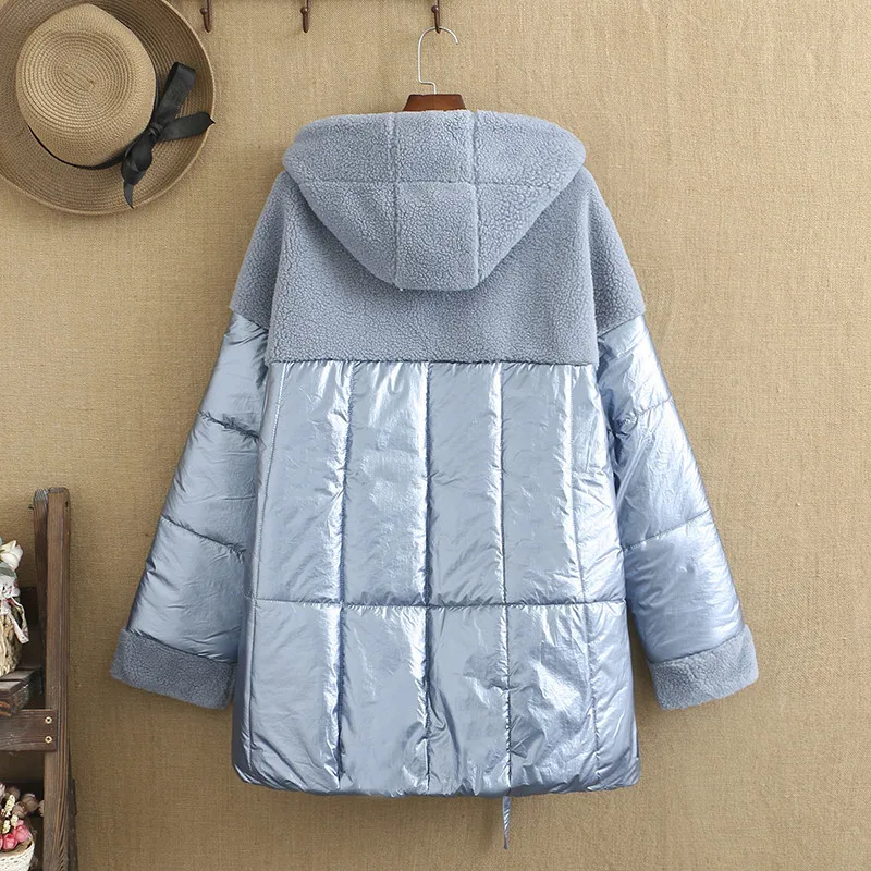 Plus size winter women's cotton coat coat, hooded plush imitation leather patchwork jacket, in the middle of a cotton thickening