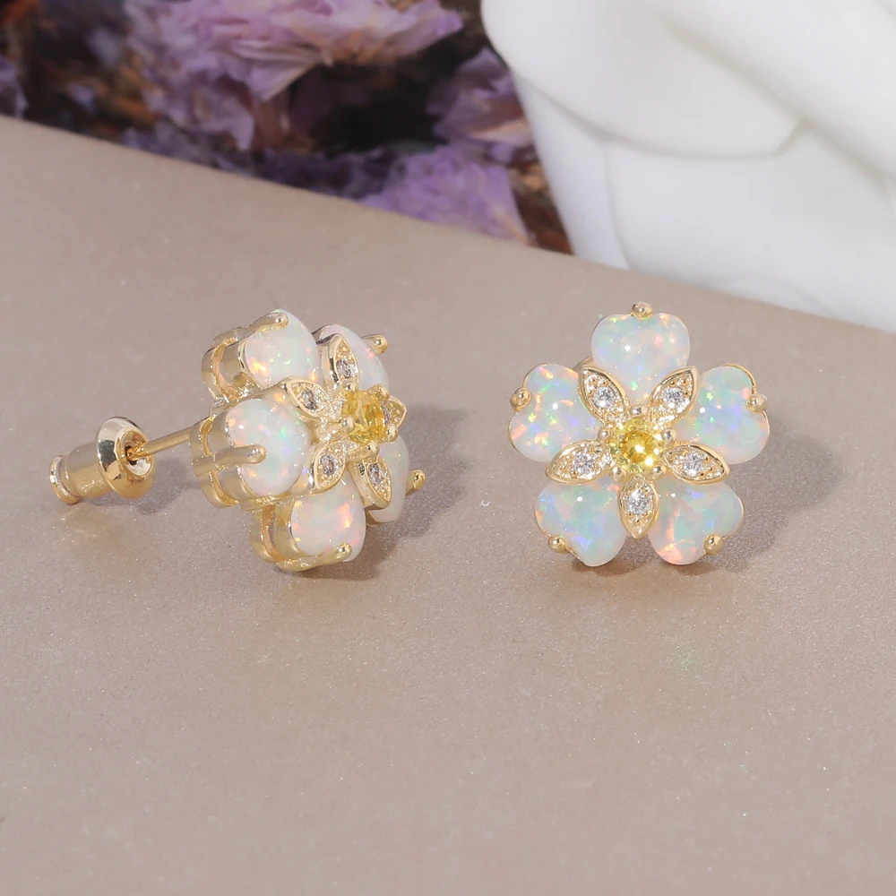 CiNily White & Blue & Green Fire Opal Stone Stud Earrings Silver Plated Flower Flora Cherry Blossom Spring Bohemia Boho Jewelry