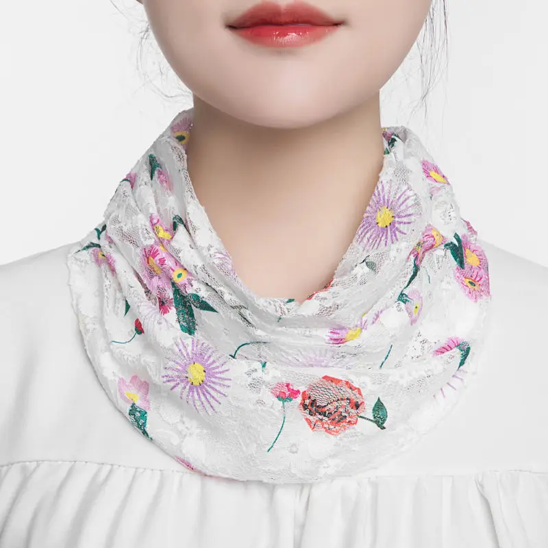 Korean Female Hollow Lace Butterfly Print Fake Collar Neck Guard Scarf Summer Sunscreen Sunshade Snood Thin Ice Silk Shawl P46