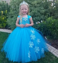Girls Turquoise Elsa Princess Dress Kids Crochet Tulle Tutu Dress Ball Gown with Crown and Stick Children Party Costume Dresses