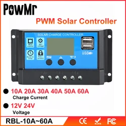 PowMr PWM 60A 50A 40A 30A 20A 10A Solar Charge and Discharge Controller 12V 24V Auto LCD Solar Regulator with Dual USB 5V NEW