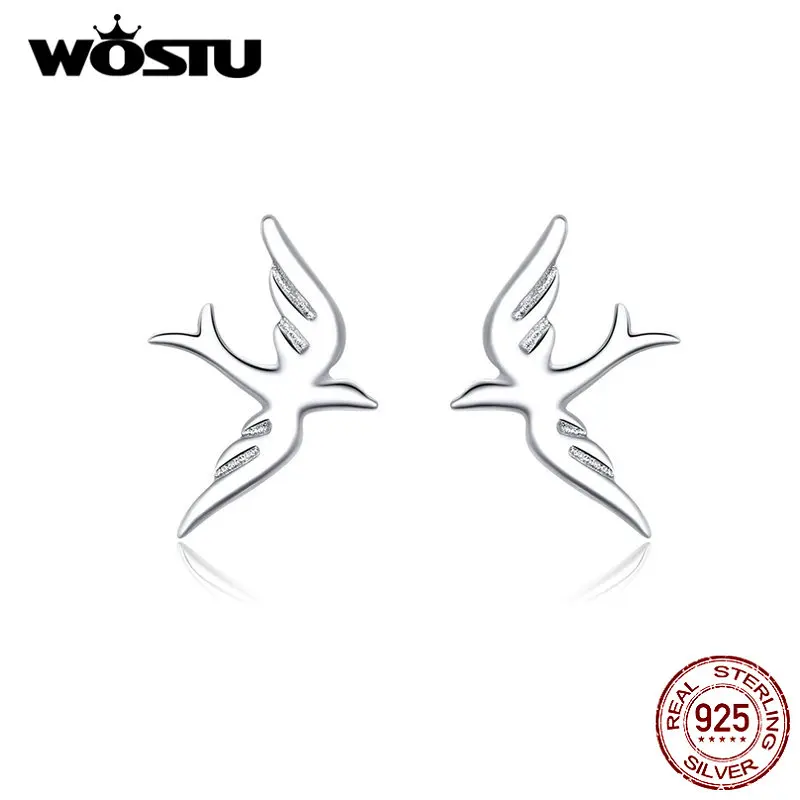 WOSTU 925 Sterling Silver Spring Swallow Bird Stud Earrings For Women Wedding Engagement Small Earrings Lovely Jewelry CTE302